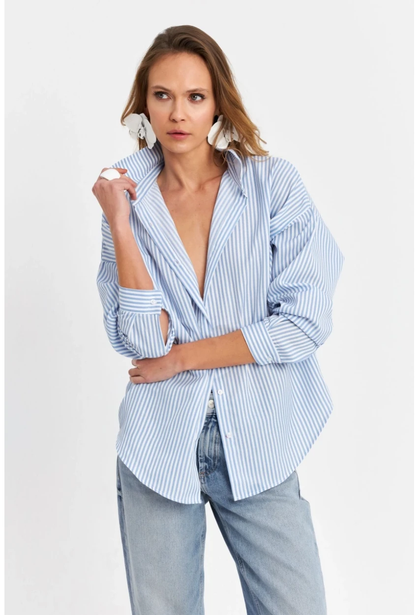 Kadın Mavi Çizgili Oversize Gömlek ZER420