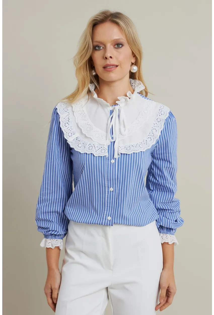 Kadın Mavi Dantel Detaylı Çizgili Gömlek MQS5074