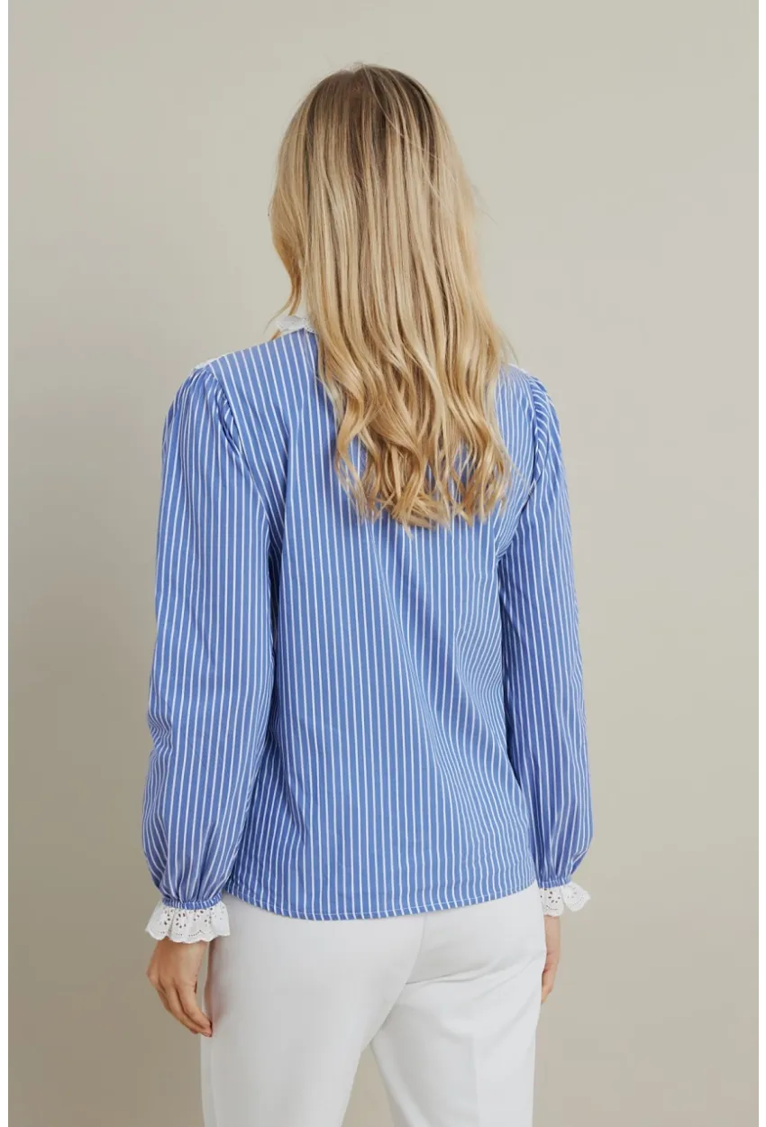 Kadın Mavi Dantel Detaylı Çizgili Gömlek MQS5074
