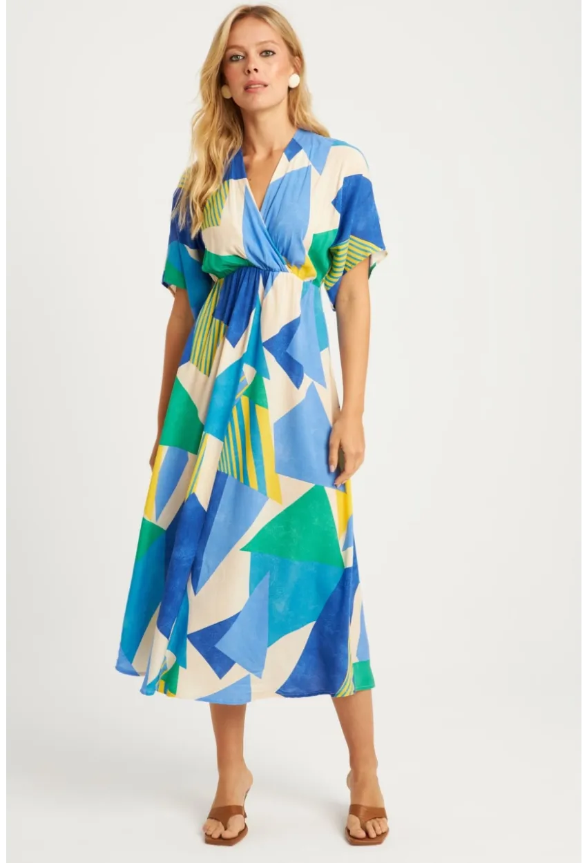 Kadın Mavi Desenli Kruvaze Midi Elbise HT108