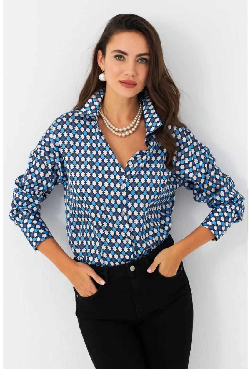 Kadın Mavi Desenli Saten Gömlek SHR9