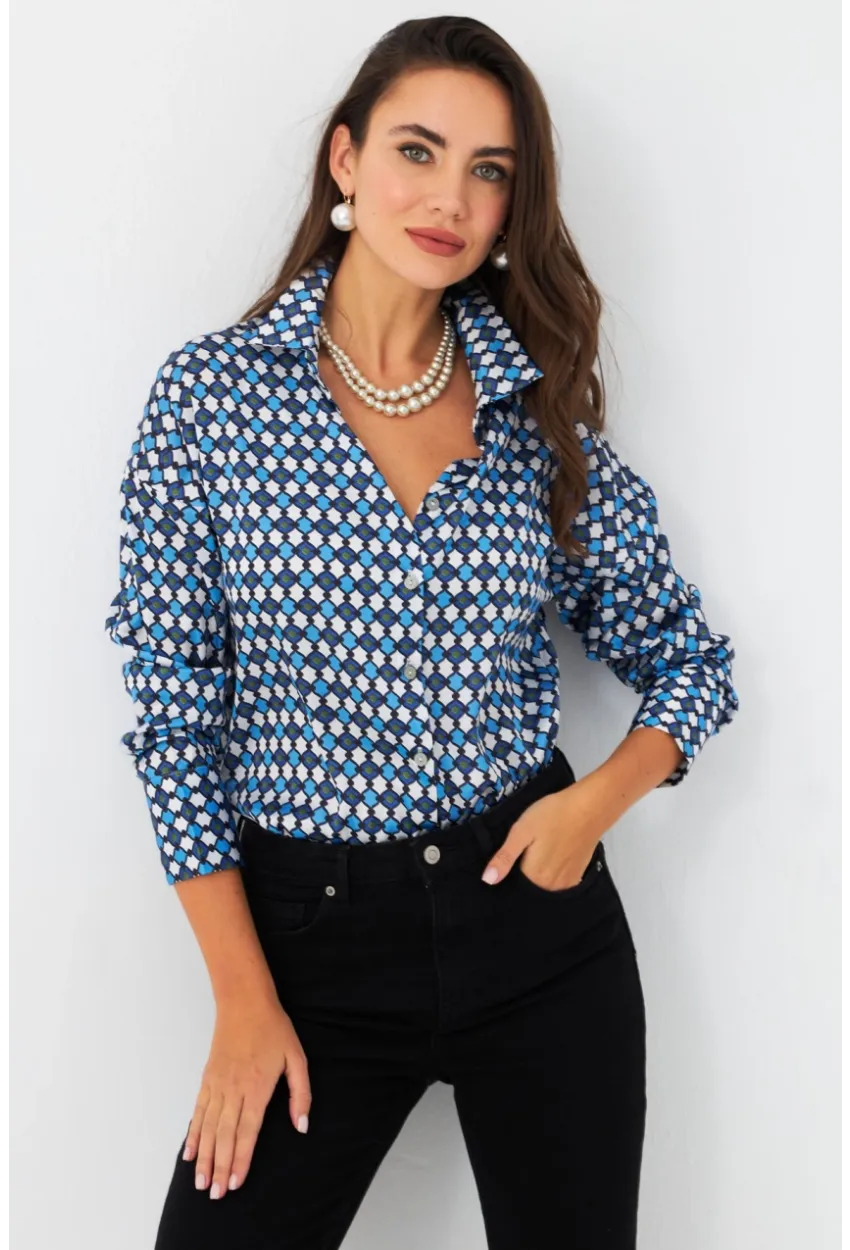 Kadın Mavi Desenli Saten Gömlek SHR9