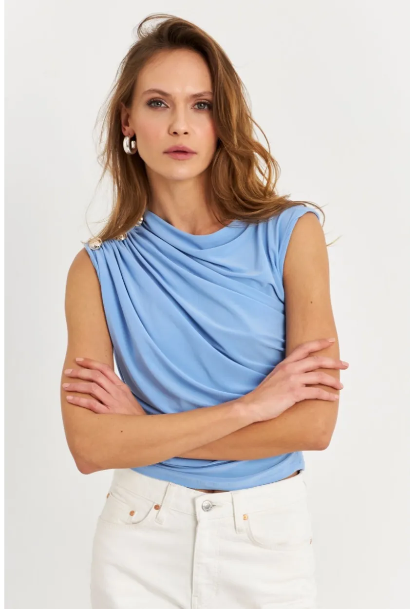 Kadın Mavi Düğme Detaylı Büzgülü Bluz LPP1205-1