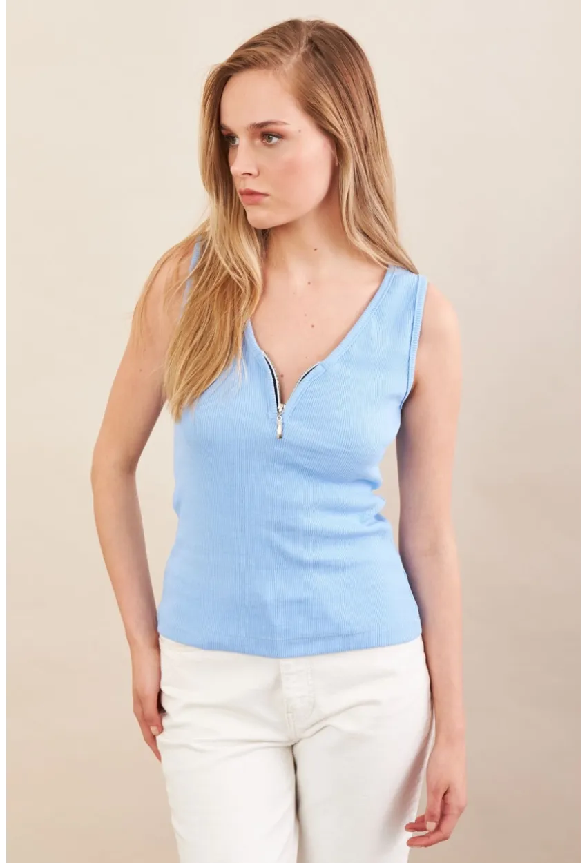 Kadın Mavi Fermuarlı Kaşkorse Bluz EY3106