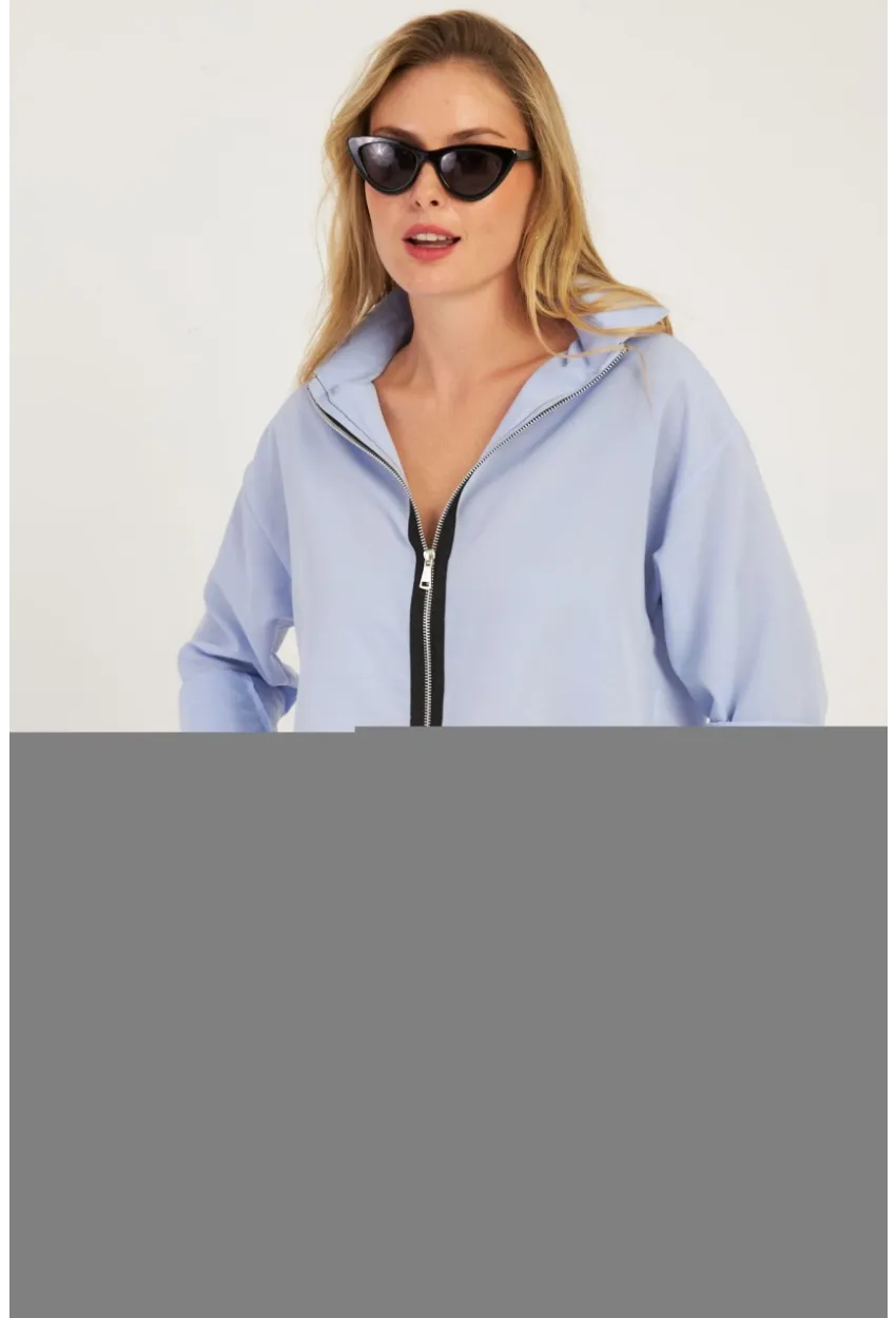 Kadın Mavi Fermuarlı Kısa Gömlek SF2541