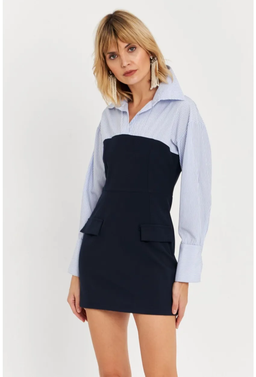 Kadın Mavi Gömlek Bloklu Mini Elbise KED3072