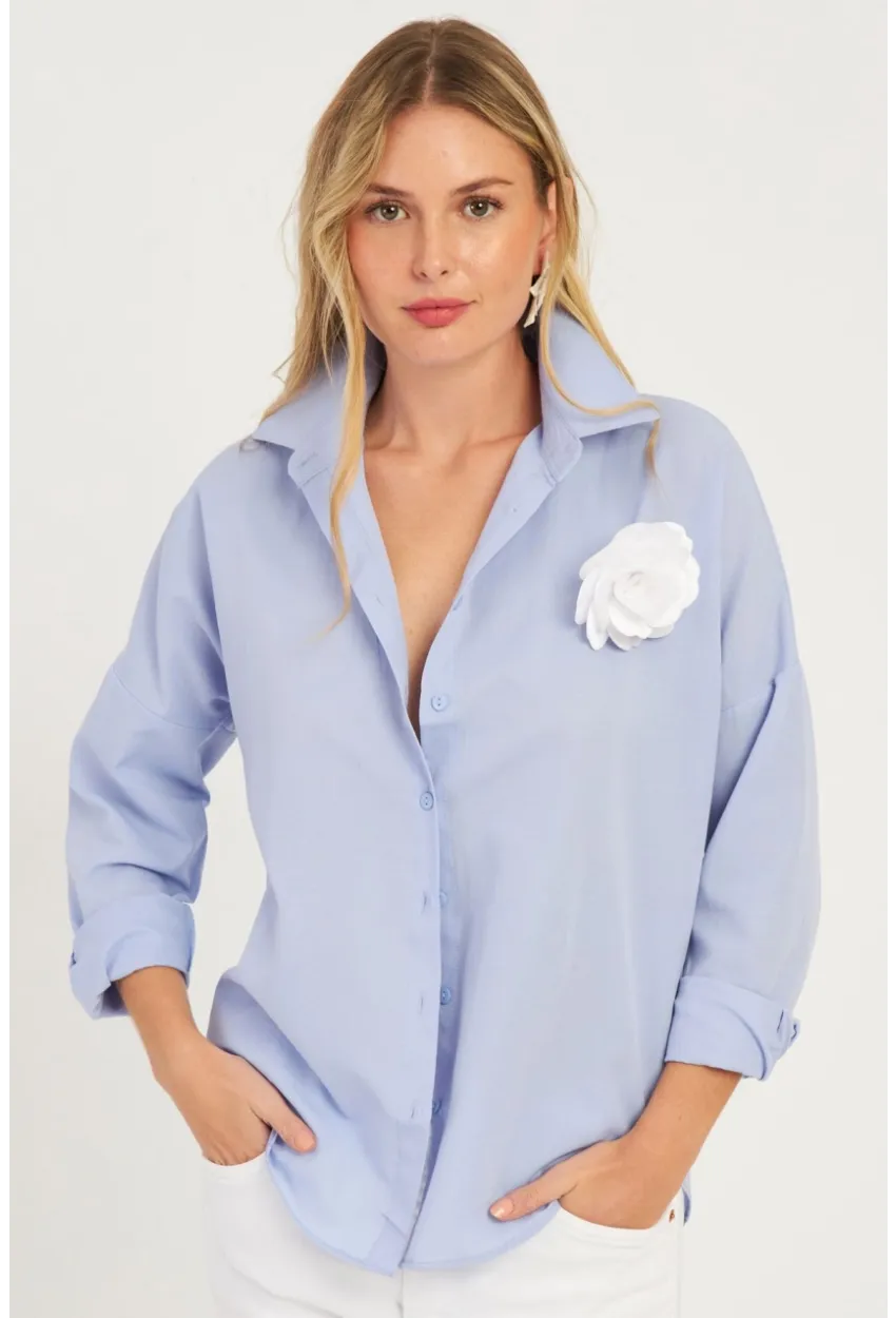 Kadın Mavi Gül Aksesuarlı Gömlek SF2540