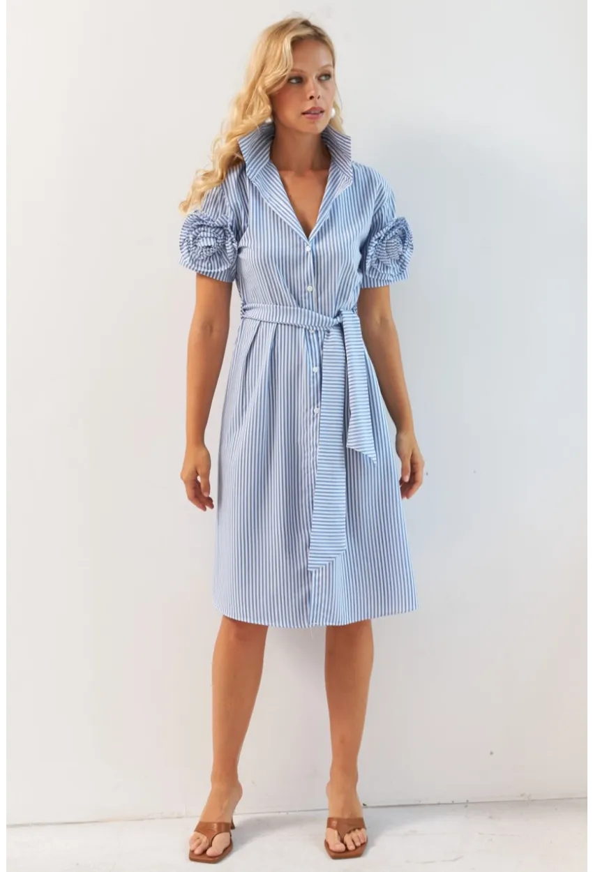 Kadın Mavi Gül Detaylı Midi Gömlek Elbise SF12812