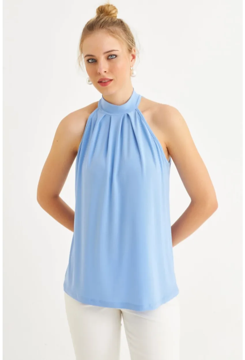 Kadın Mavi Halter Yaka Desenli Bluz LPP1273