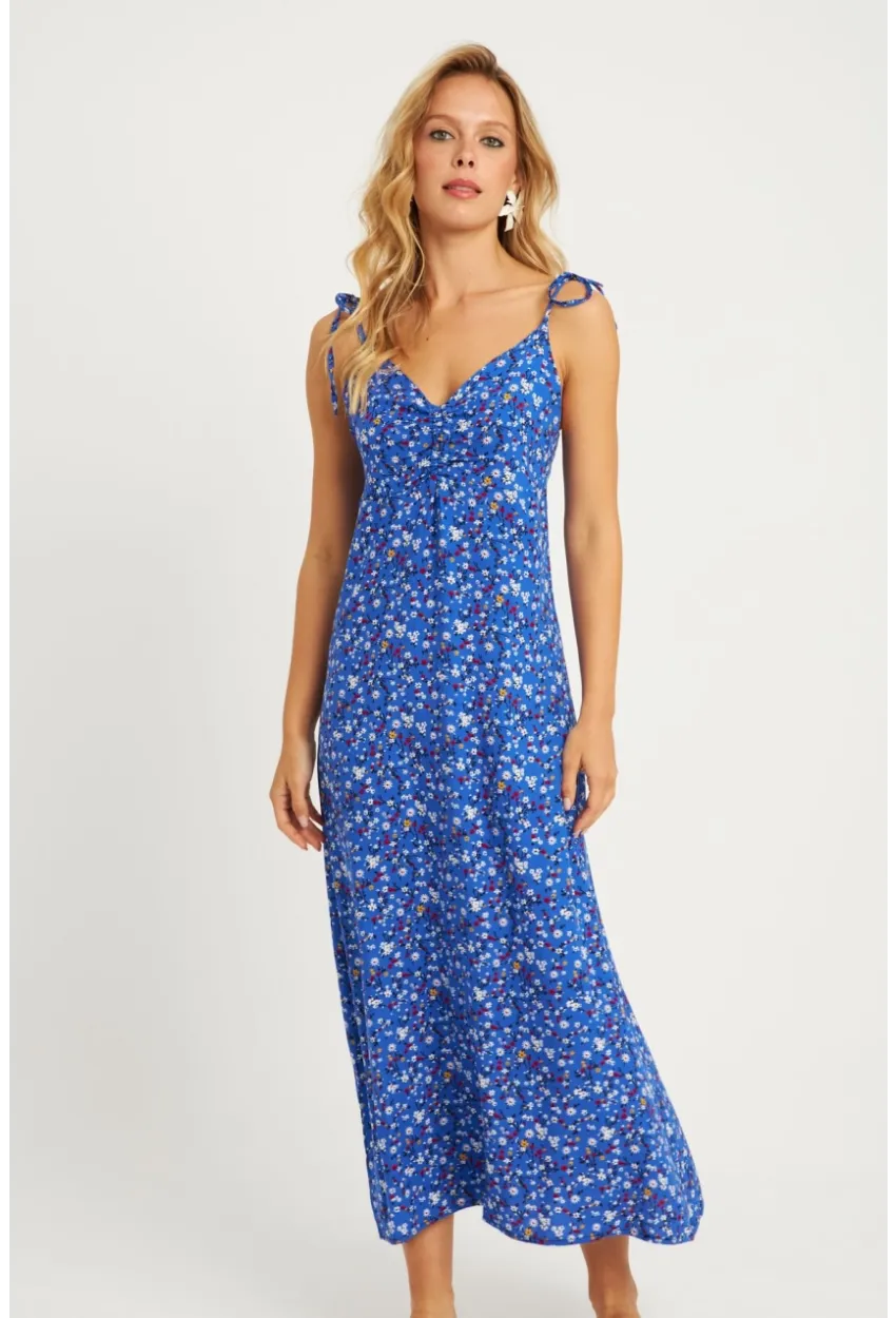 Kadın Mavi İp Askılı Çiçekli Midi Elbise GÇ172