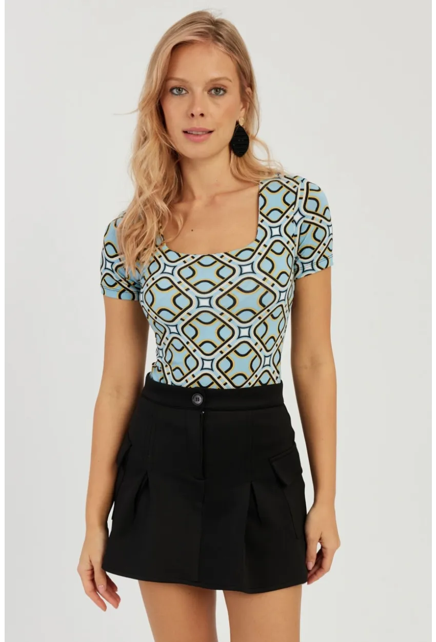 Kadın Mavi Kare Yaka Desenli Bluz LPP1258