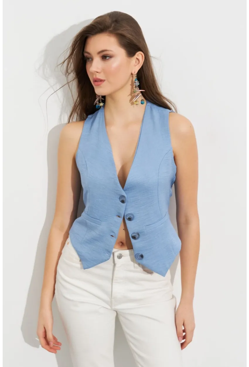Kadın Mavi Keten Astarlı Yelek TW60046
