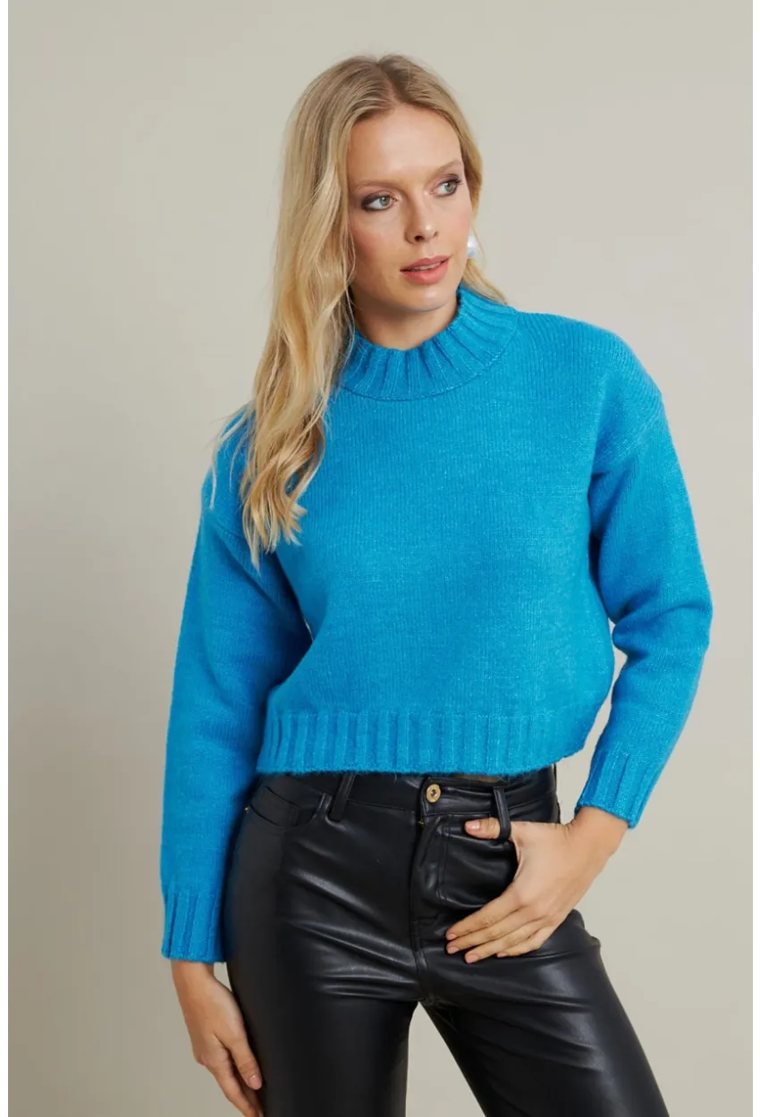 Kadın Mavi Kısa Triko Kazak YV301