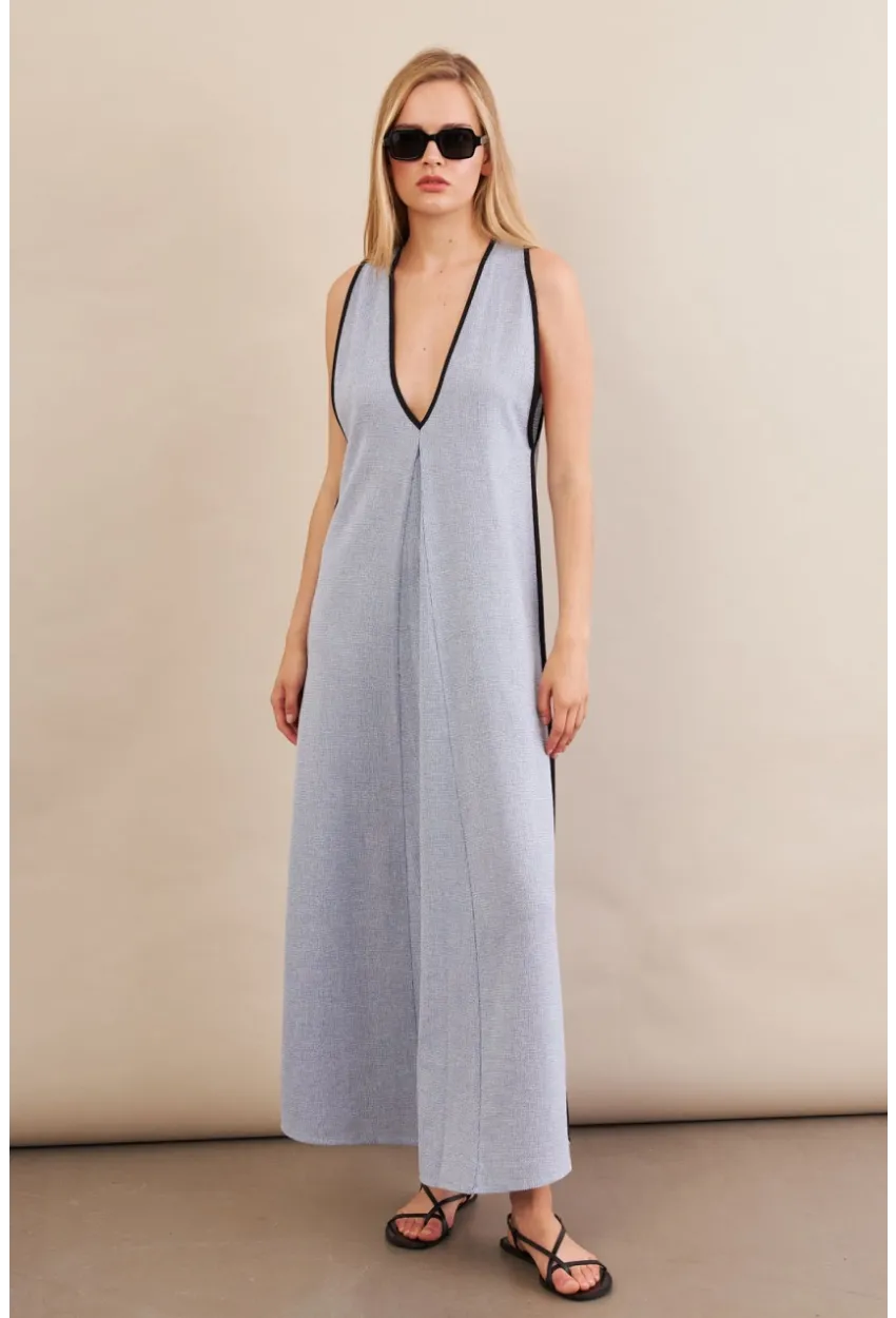 Kadın Mavi Kontrast Çizgili Maxi Keten Elbise MSİ101