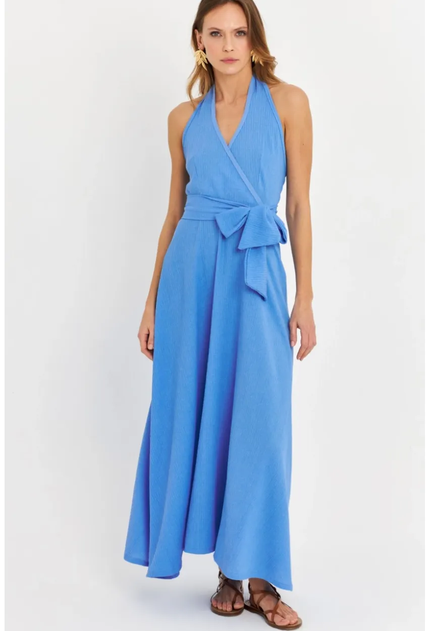 Kadın Mavi Kruvaze Bürümcük Maxi Elbise EY3053