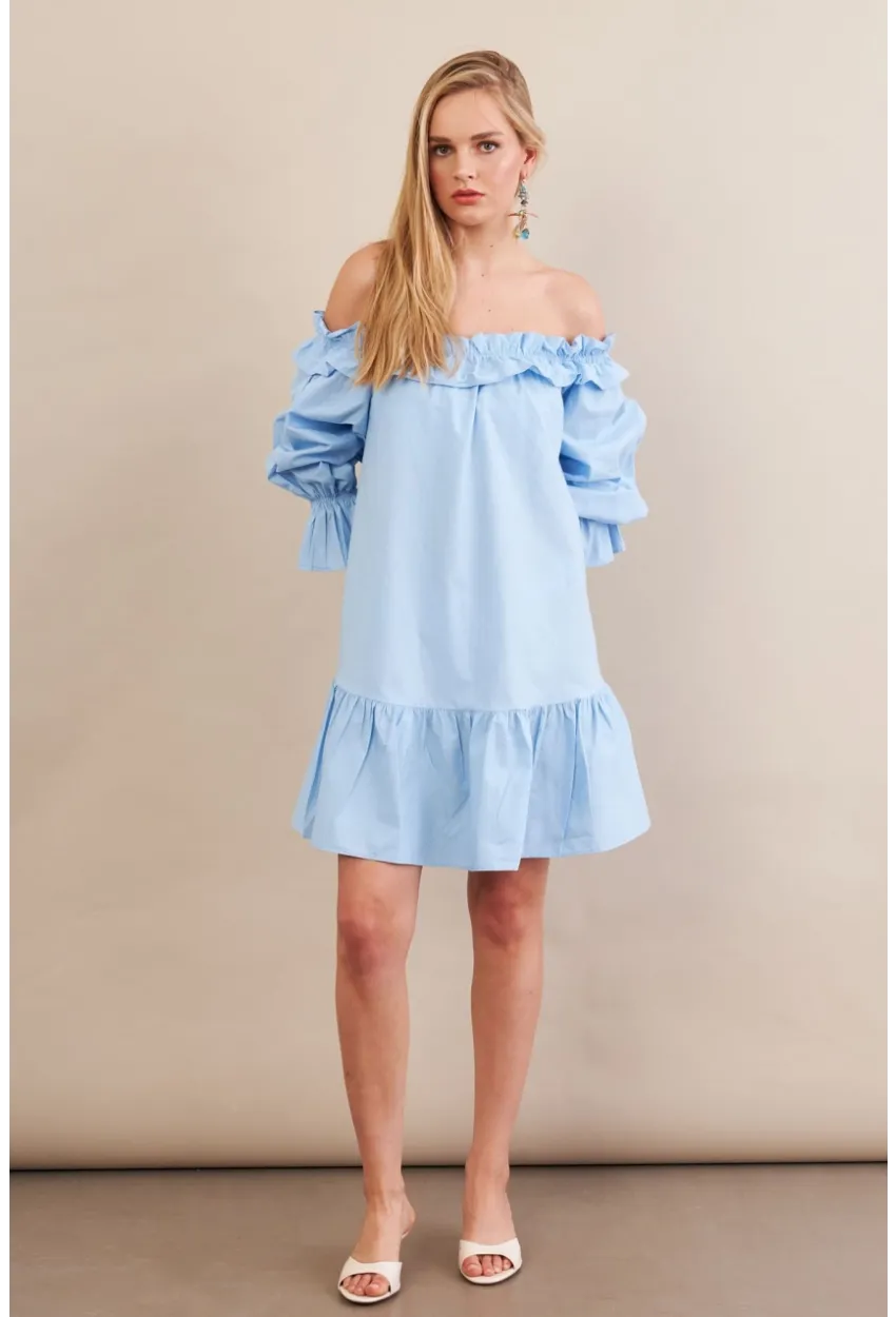 Kadın Mavi Madonna Yaka Midi Elbise PSG1012