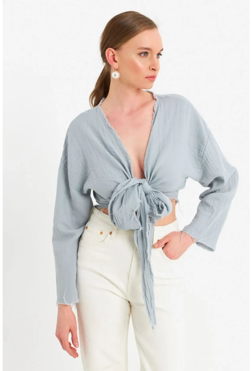 Kadın Mavi Müslin Crop Bluz PC20700
