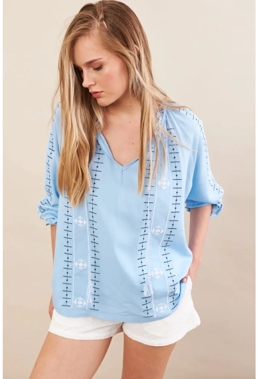 Kadın Mavi Nakışlı Bluz MPC1344