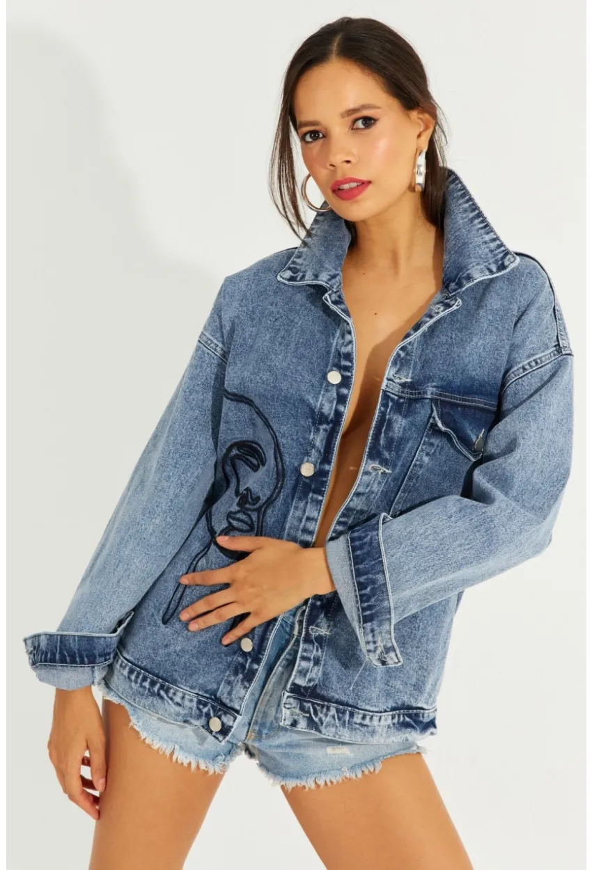 Kadın Mavi Nakışlı Kot Ceket İS801