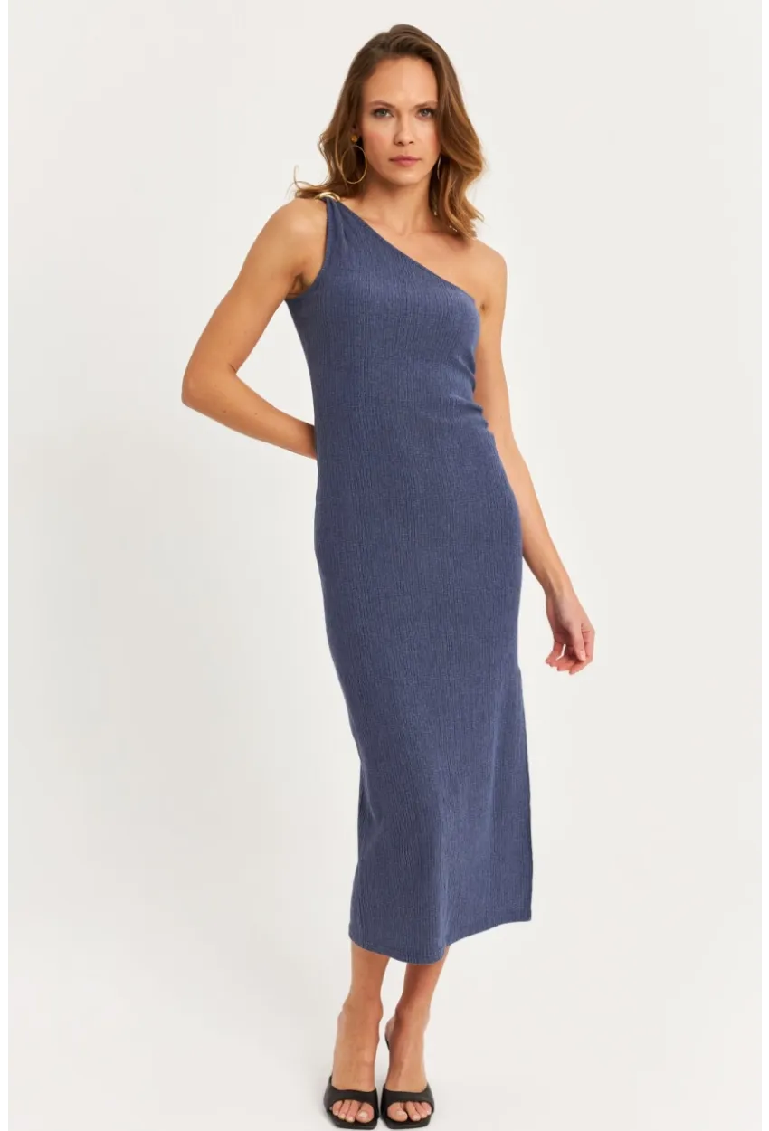 Kadın Mavi Omuz Aksesuarlı Kolsuz Midi Elbise MOD2400