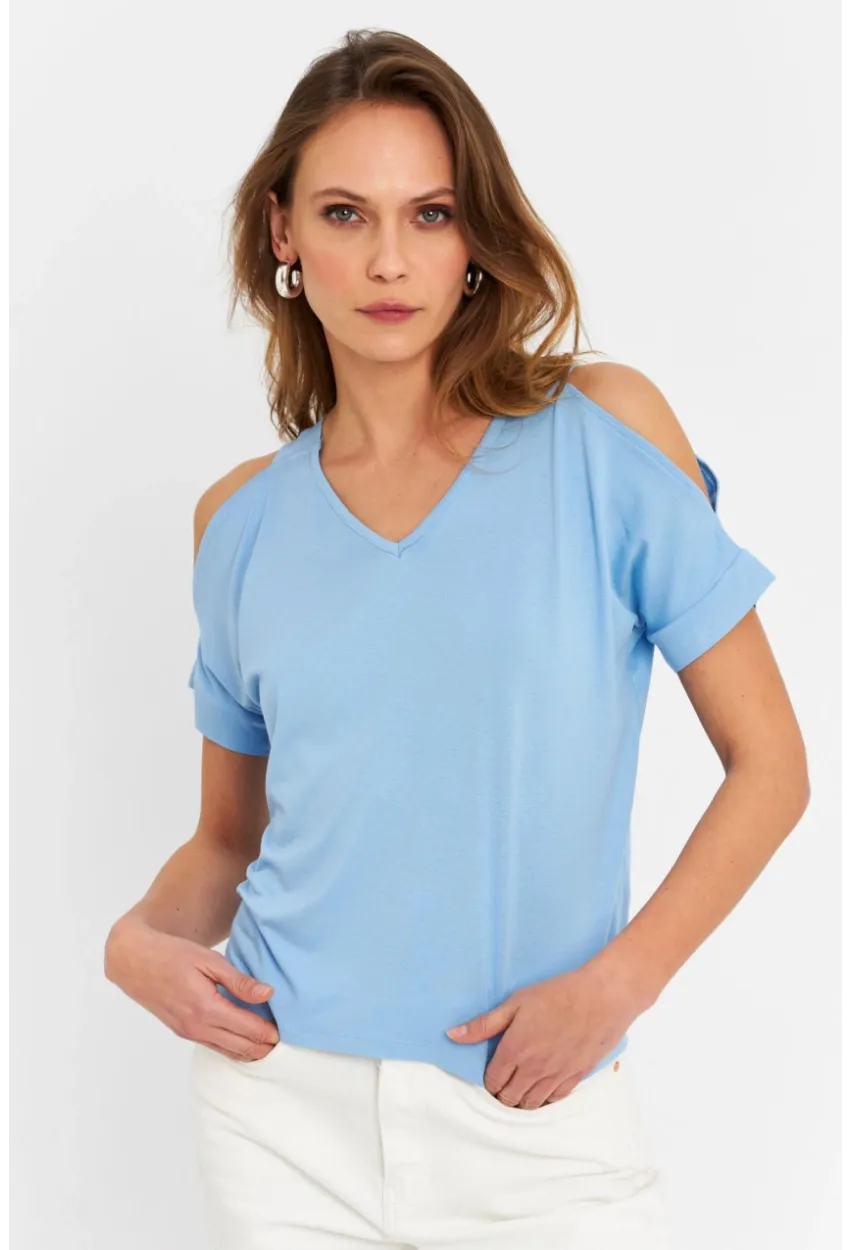 Kadın Mavi Omuzları Açık Bluz BR1329