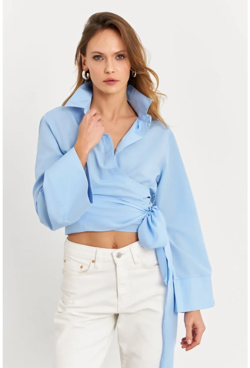 Kadın Mavi Önü Bağlamalı İspanyol Kol Gömlek MON142