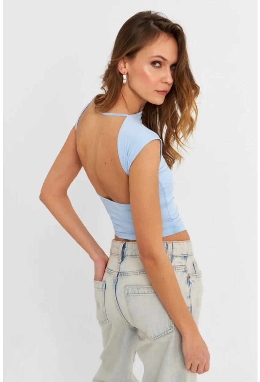 Kadın Mavi Sırtı Açık Crop Bluz ZH083