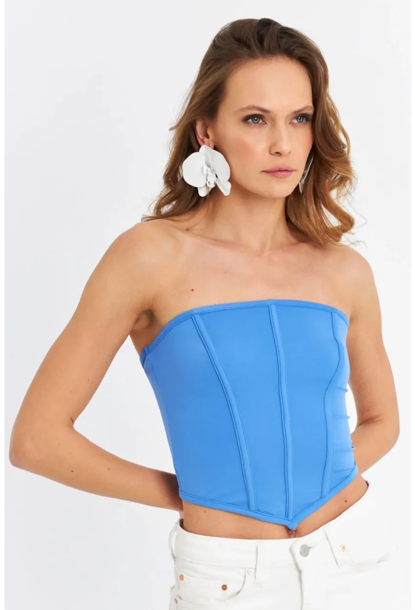 Kadın Mavi Straplez Crop Bluz B6081