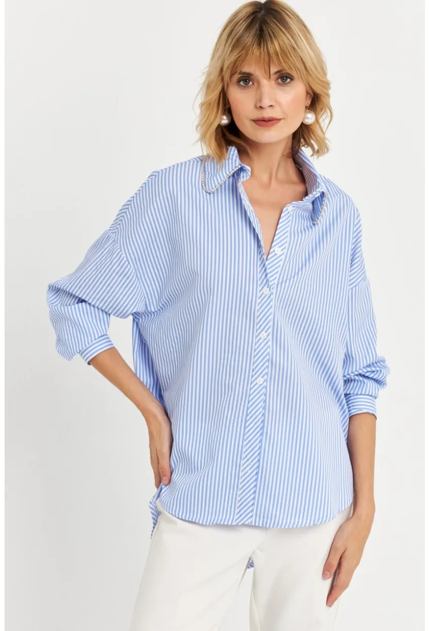 Kadın Mavi Taş Detaylı Çizgili Gömlek KED4088