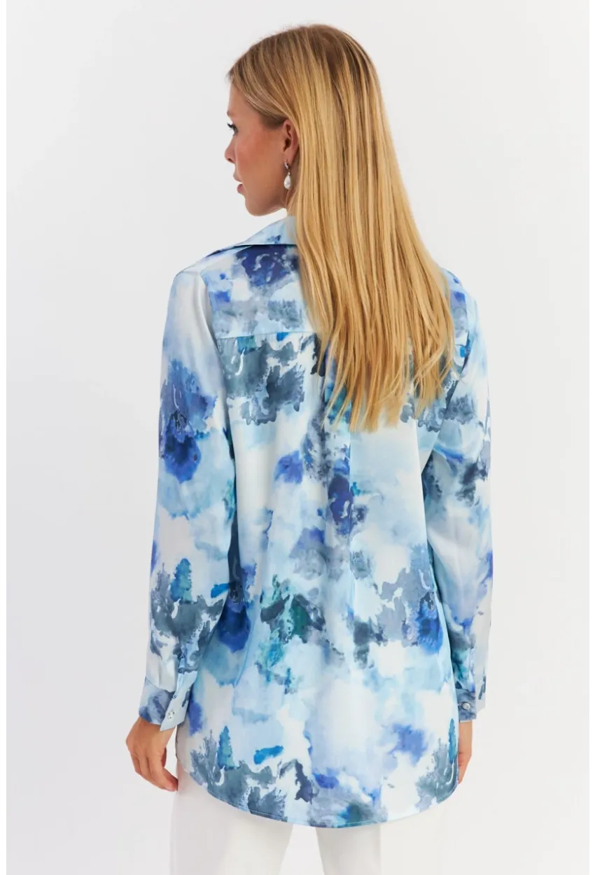 Kadın Mavi Taş Düğmeli Desenli Gömlek MLVF9