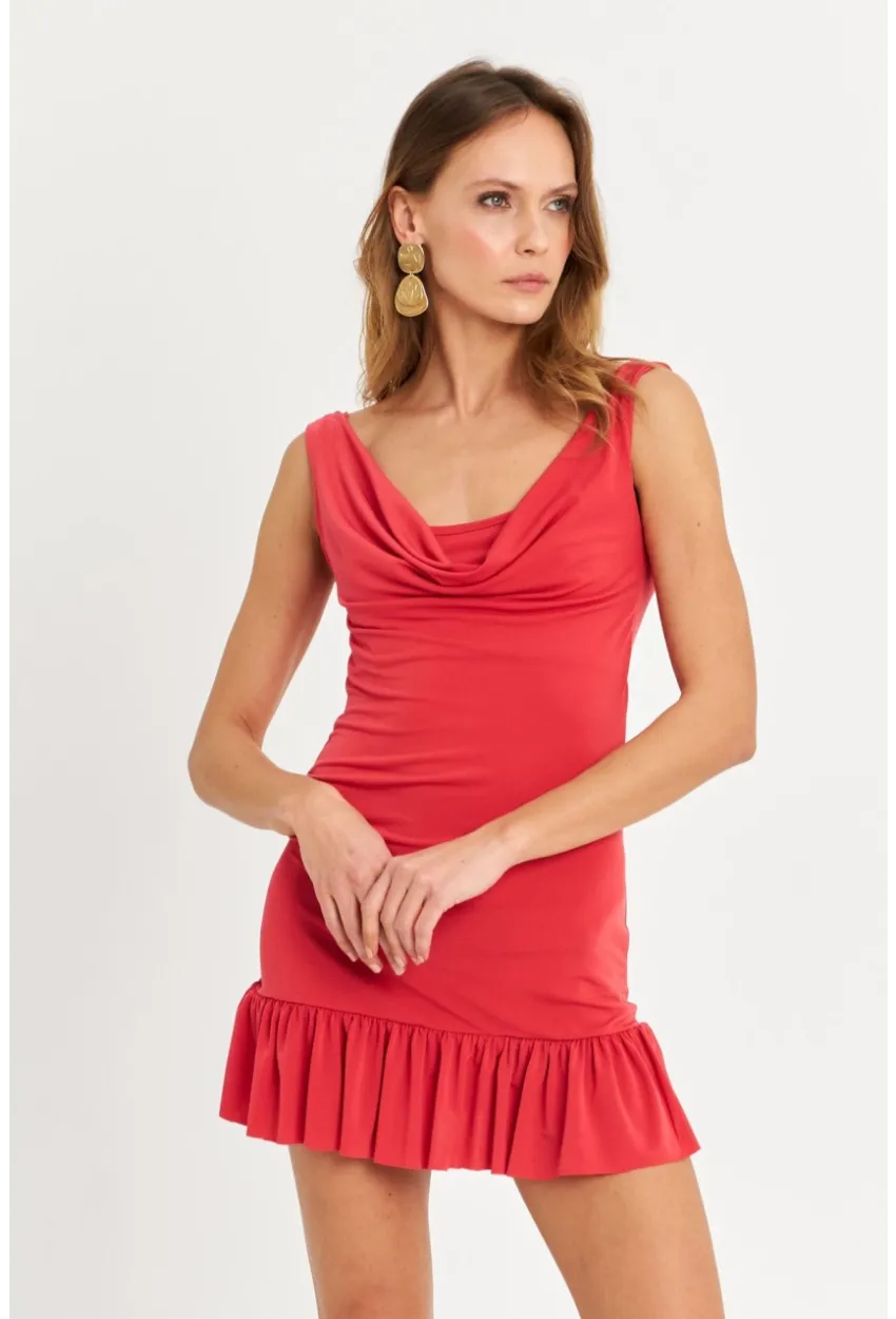 Kadın Mercan Degaje Yaka Mini Elbise HOR0078