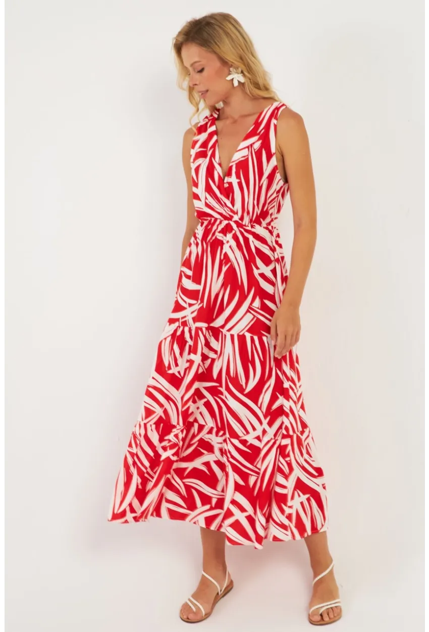 Kadın Mercan Desenli Kruvaze Midi Elbise YZ634