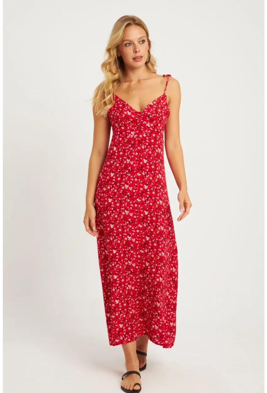 Kadın Mercan İp Askılı Çiçekli Midi Elbise GÇ172