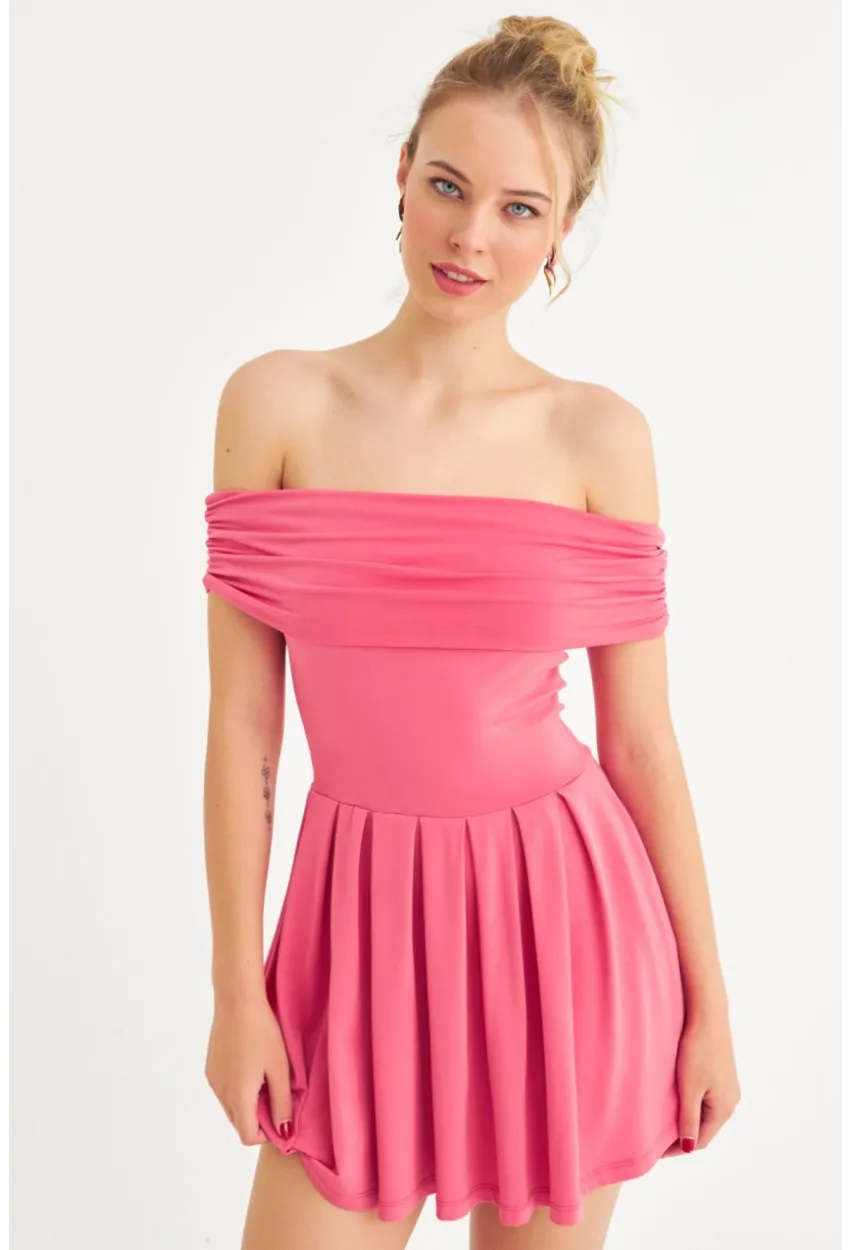 Kadın Mercan Madonna Yaka Mini Elbise MON1262-1