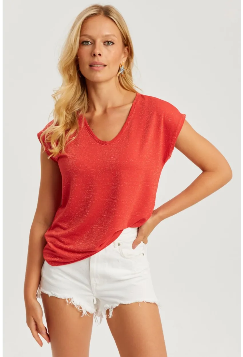 Kadın Mercan V Yaka Simli Bluz RX436