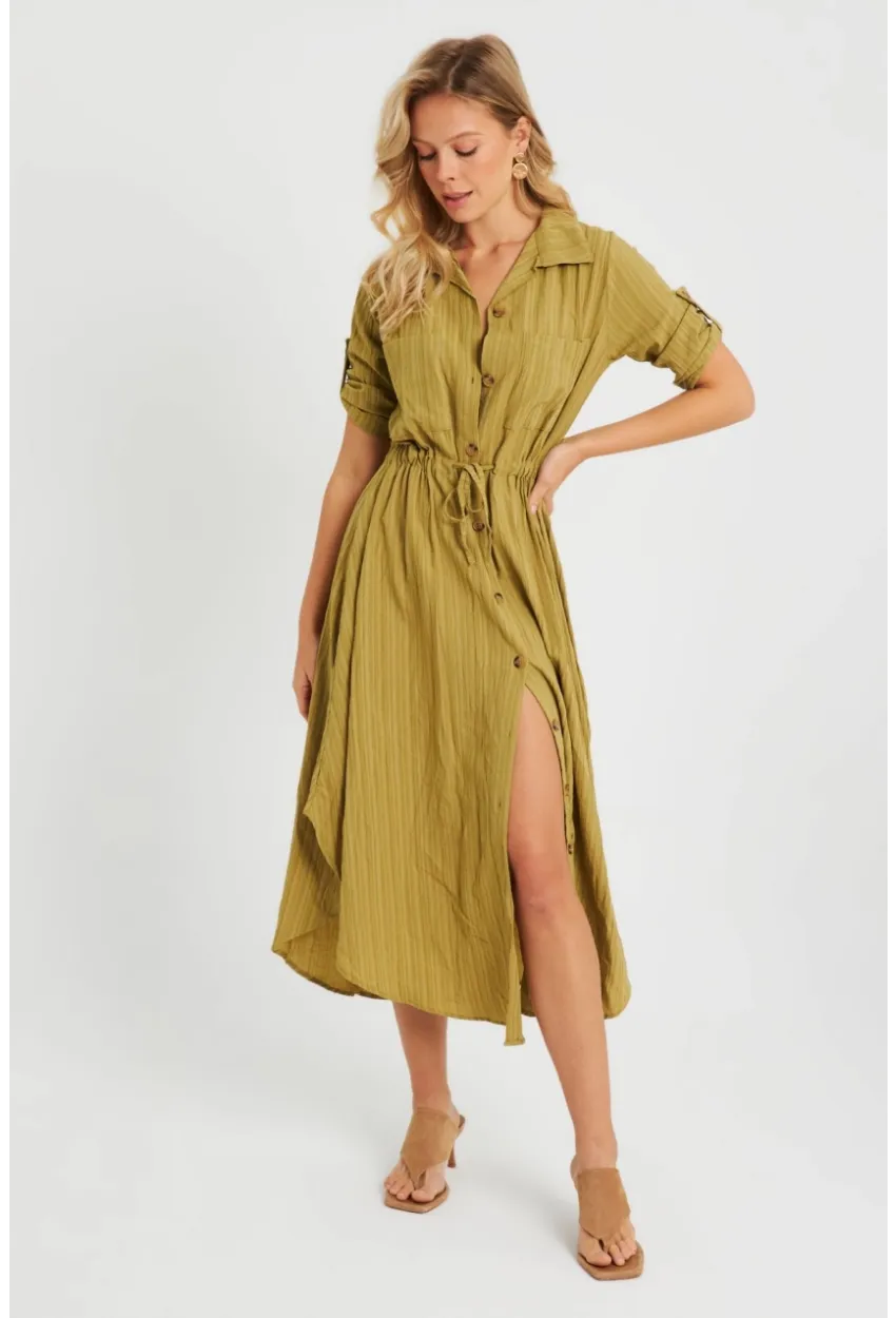 Kadın Midi Gömlek Elbise Haki Q984