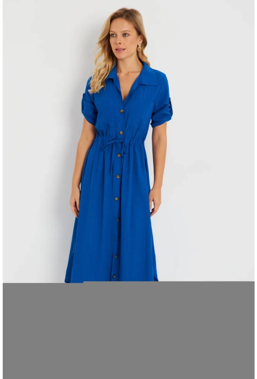 Kadın Midi Gömlek Elbise Saks Q984