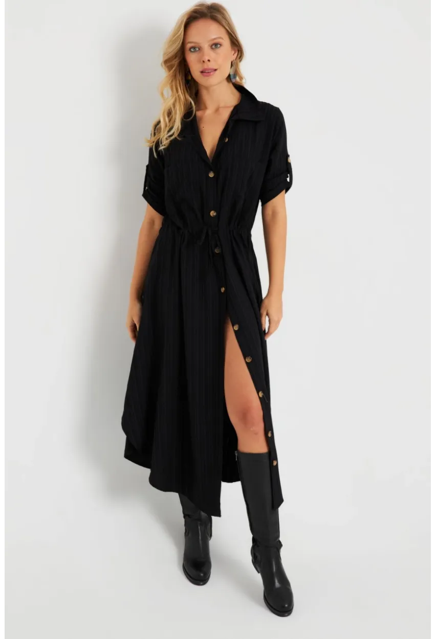 Kadın Midi Gömlek Elbise Siyah Q984