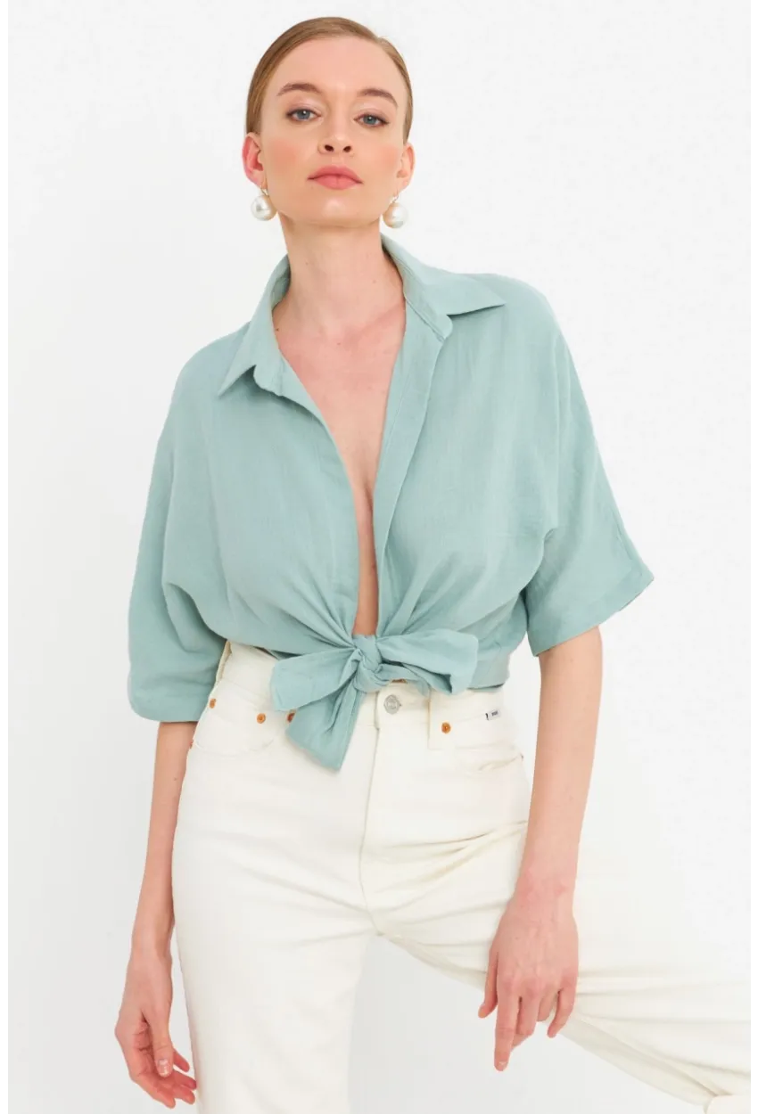 Kadın Mint Bağlamalı Keten Bluz BTH16