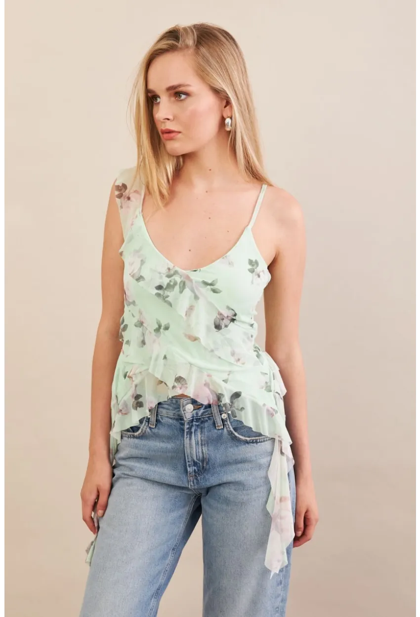 Kadın Mint Desenli Fırfırlı Şifon Bluz FS033