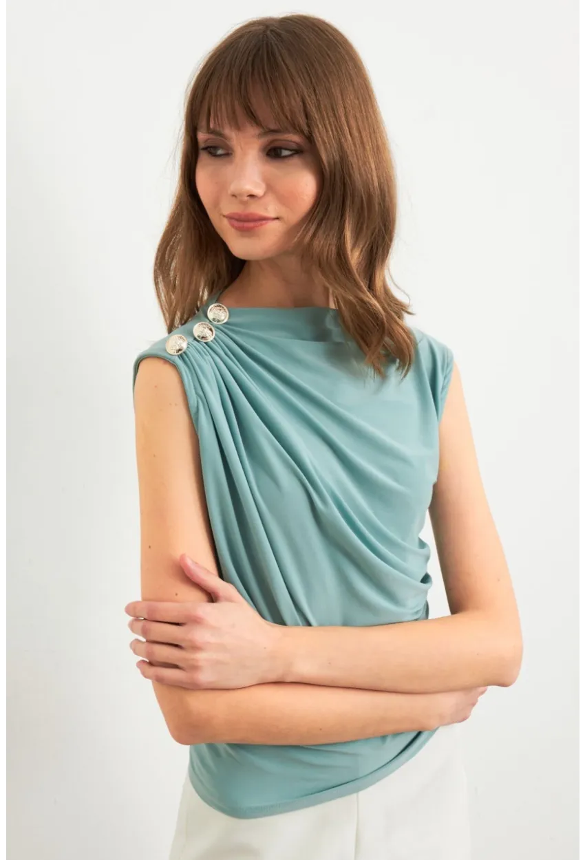 Kadın Mint Düğme Detaylı Büzgülü Bluz LPP1205-1