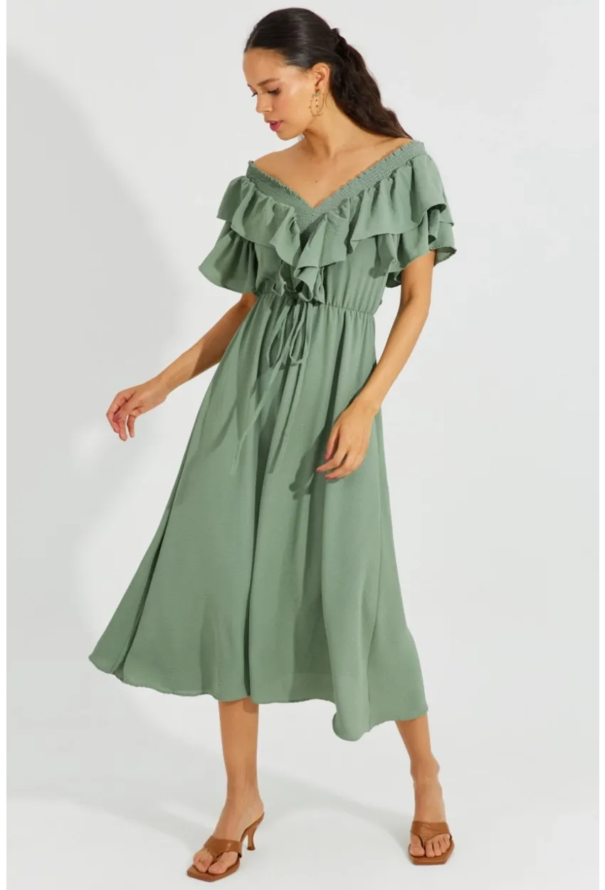 Kadın Mint Ön Arka V Volanlı Elbise KS113