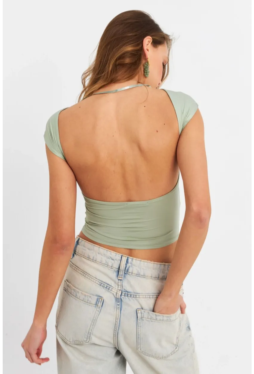 Kadın Mint Sırtı Açık Crop Bluz ZH083