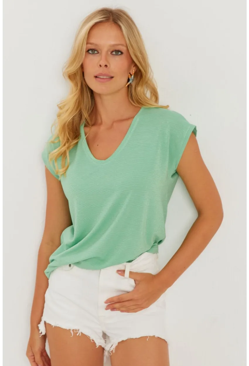 Kadın Mint V Yaka Simli Bluz RX436