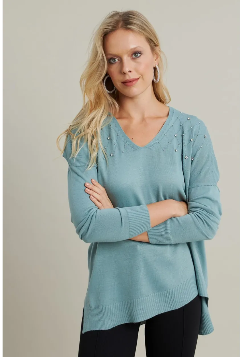 Kadın Mint V Yaka Taşlı İnce Triko Bluz MYİL002