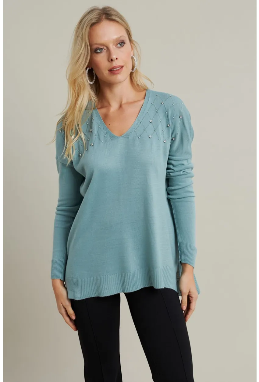 Kadın Mint V Yaka Taşlı İnce Triko Bluz MYİL002