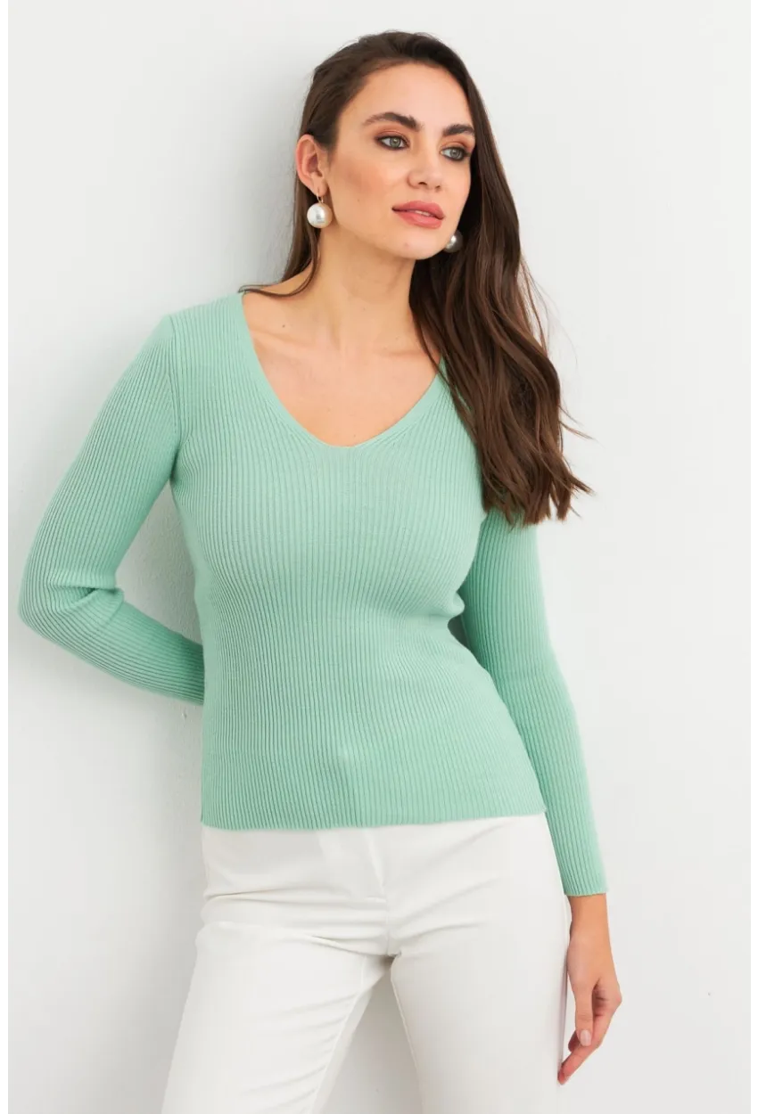 Kadın Mint V Yaka Triko Bluz YV284