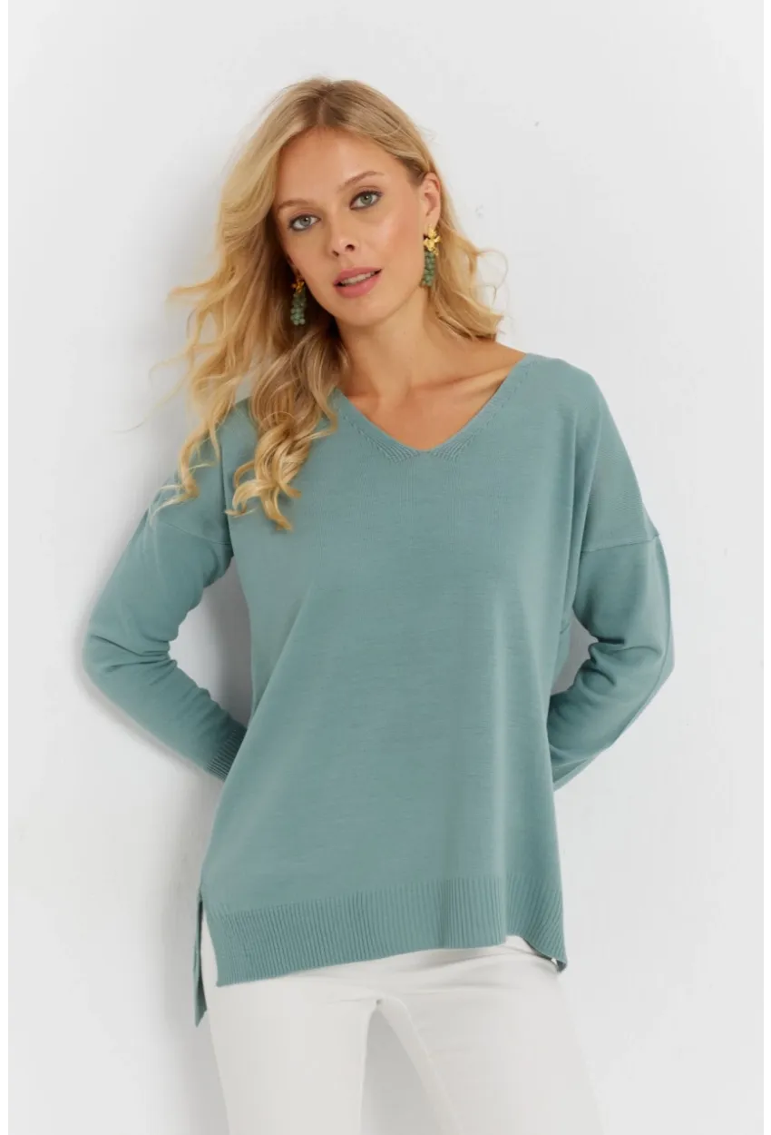 Kadın Mint V Yaka Triko Kazak YİL549