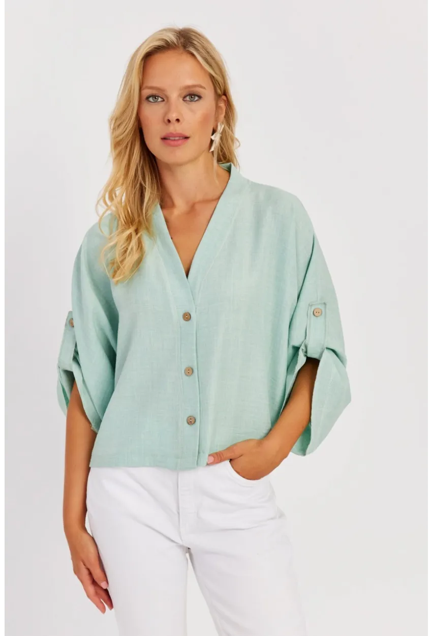 Kadın Mint Yarasa Kol Kısa Gömlek GÇ160