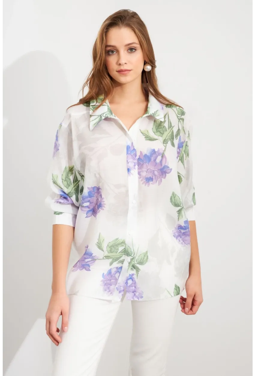 Kadın Mor Çiçek Desenli İnce Keten Gömlek MCAR1068